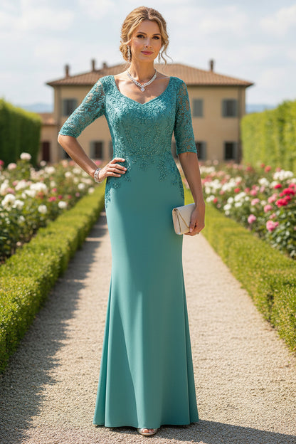 Beaded Lace Elbow Sleeve Mermaid Evening Gown