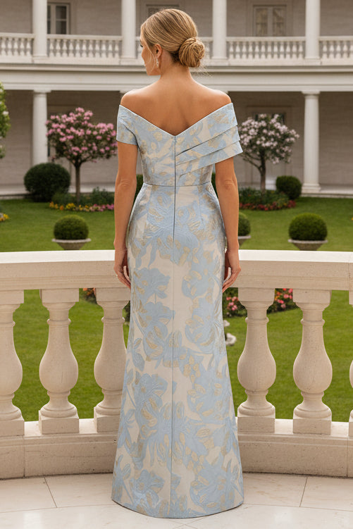 Floral Jacquard Off-the-Shoulder Evening Gown