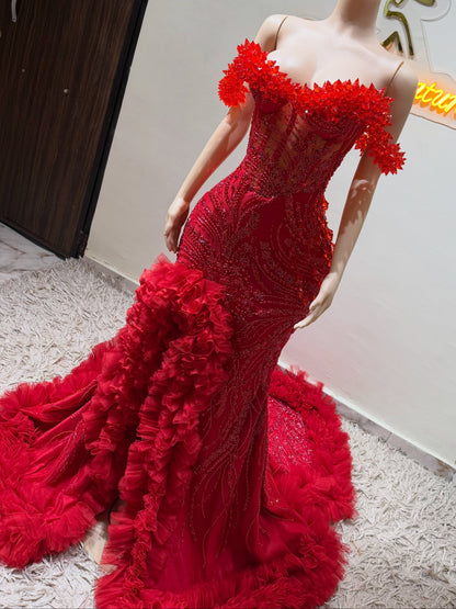 Off-the-Shoulder Beaded Corset Gown with Ruffle Train