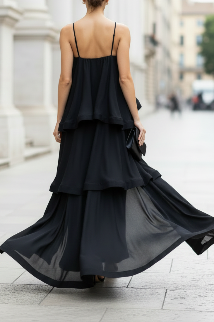 Black Tiered Ruffle Spaghetti Strap Floor-Length Formal Gown