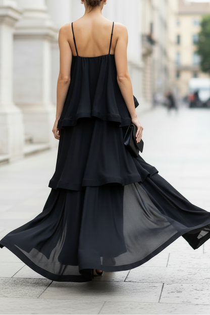 Black Tiered Ruffle Spaghetti Strap Floor-Length Formal Gown