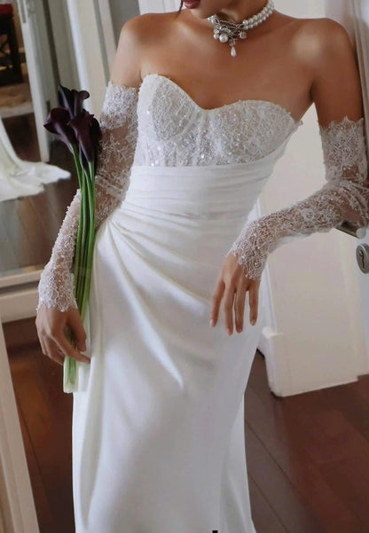 Strapless Ruched Gown with Lace Sleeves
