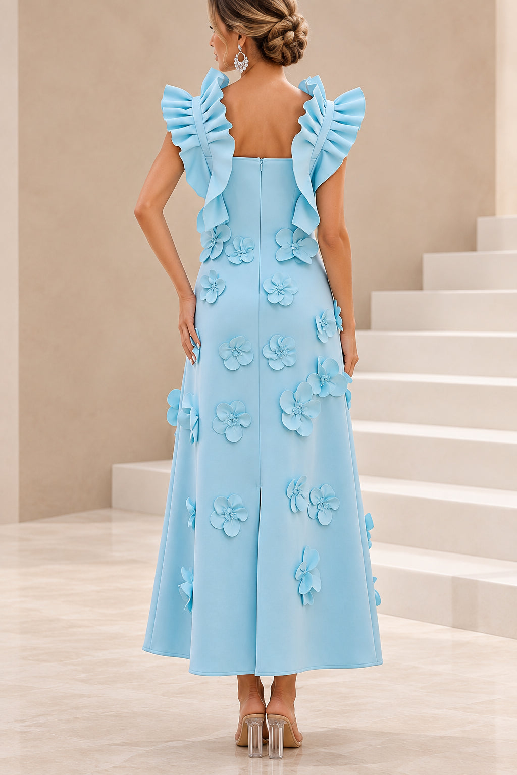 3D Floral Applique Midi Dress with Ruffle Bow Accents