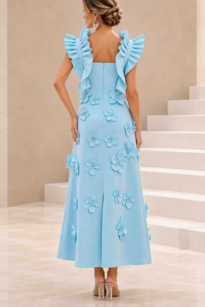 3D Floral Applique Midi Dress with Ruffle Bow Accents