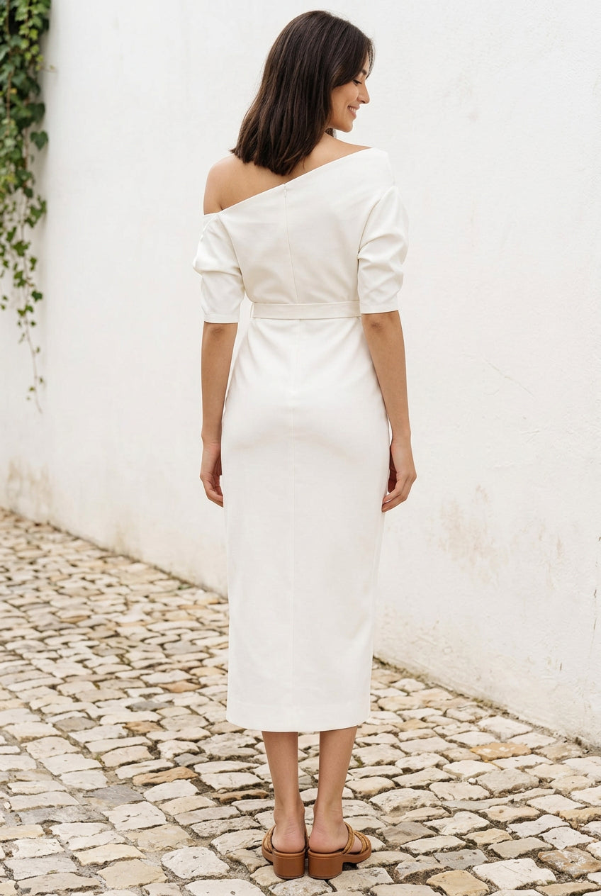 Asymmetric Off-Shoulder Midi Wrap Dress