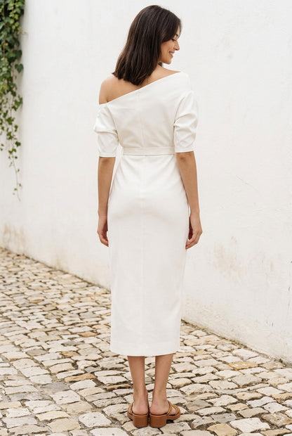 Asymmetric Off-Shoulder Midi Wrap Dress