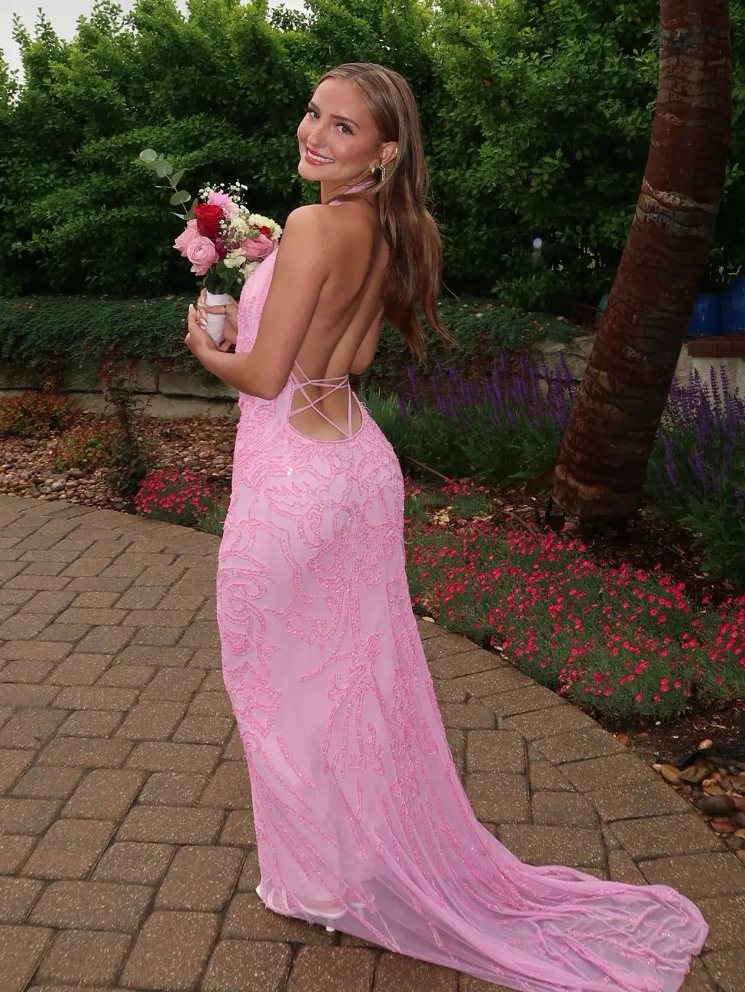 Halter Keyhole Sequin Gown with Crisscross Back