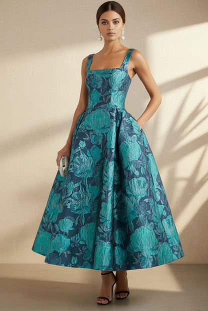Floral Jacquard Square Neck Fit & Flare Midi Dress