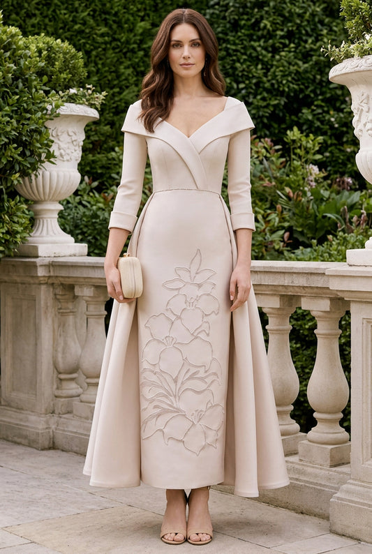 Foldover Collar Midi Dress with Floral Motif