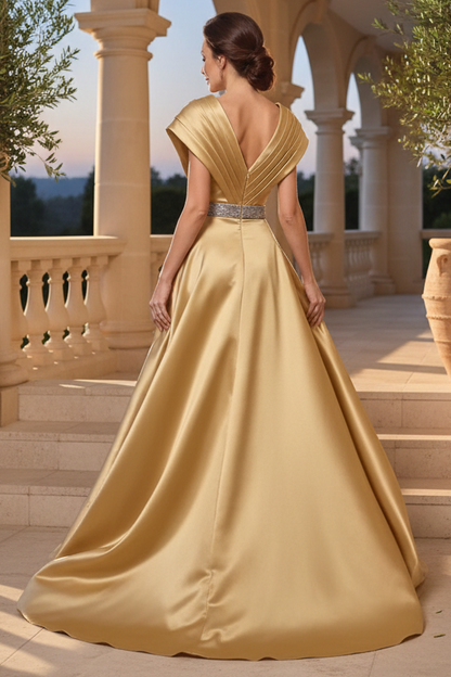Pleated Bodice Gown with Embellished Belt