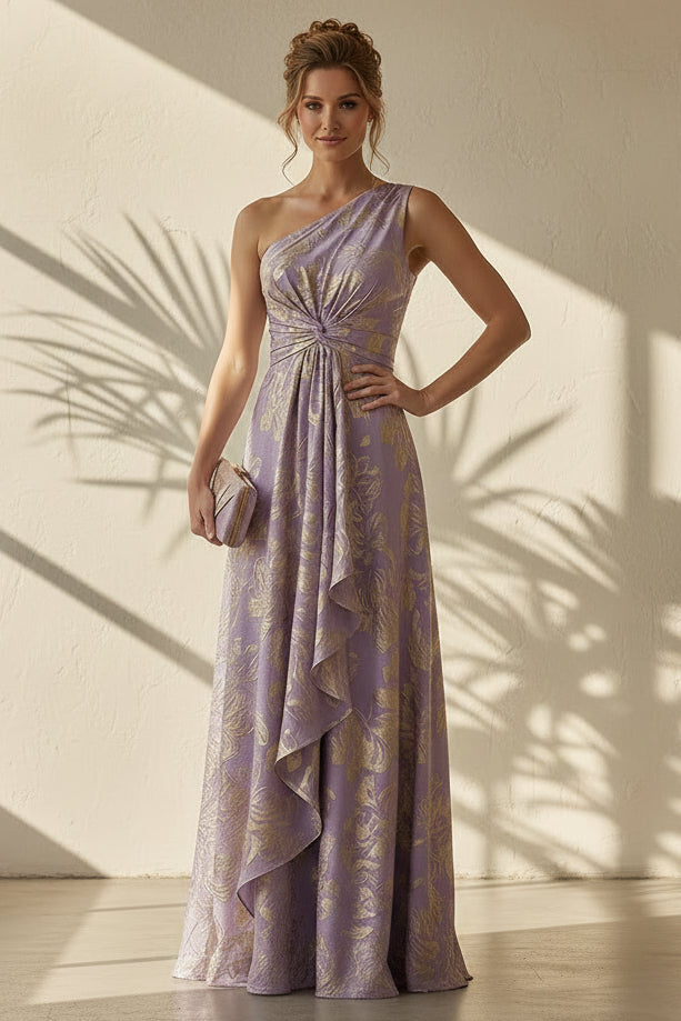 One Shoulder Jacquard Maxi Dress with Ruffle