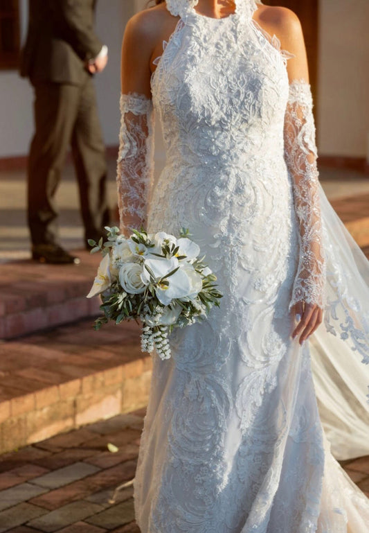 Halter Lace Mermaid Wedding Dress with Detachable Sleeves