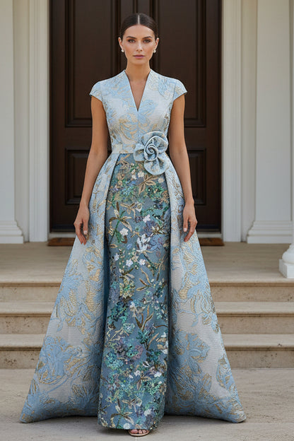 Floral Jacquard and Lace Gown with Overskirt