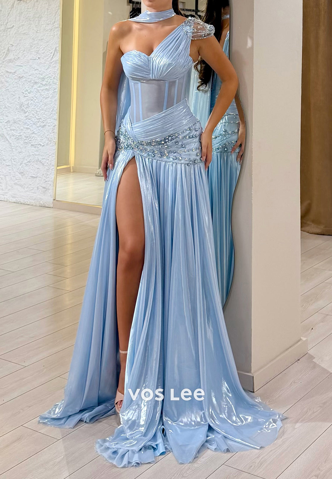 One-Shoulder Corset Gown with Beaded Waist & Slit