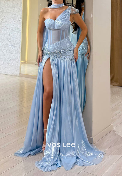 One-Shoulder Corset Gown with Beaded Waist & Slit