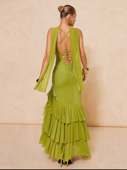 Sequin Embellished Lace-Up Tiered Ruffle Dress