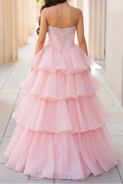 Strapless Tiered Ball Gown with Embellished Bodice