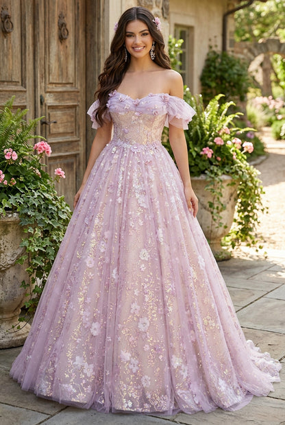 Floral Applique Off-the-Shoulder Ball Gown