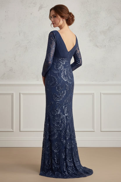 Long Sleeve V-Neck Sequin Evening Gown