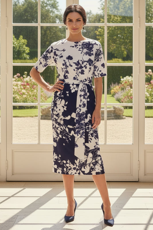 One-Shoulder Floral Midi Dress with Sash