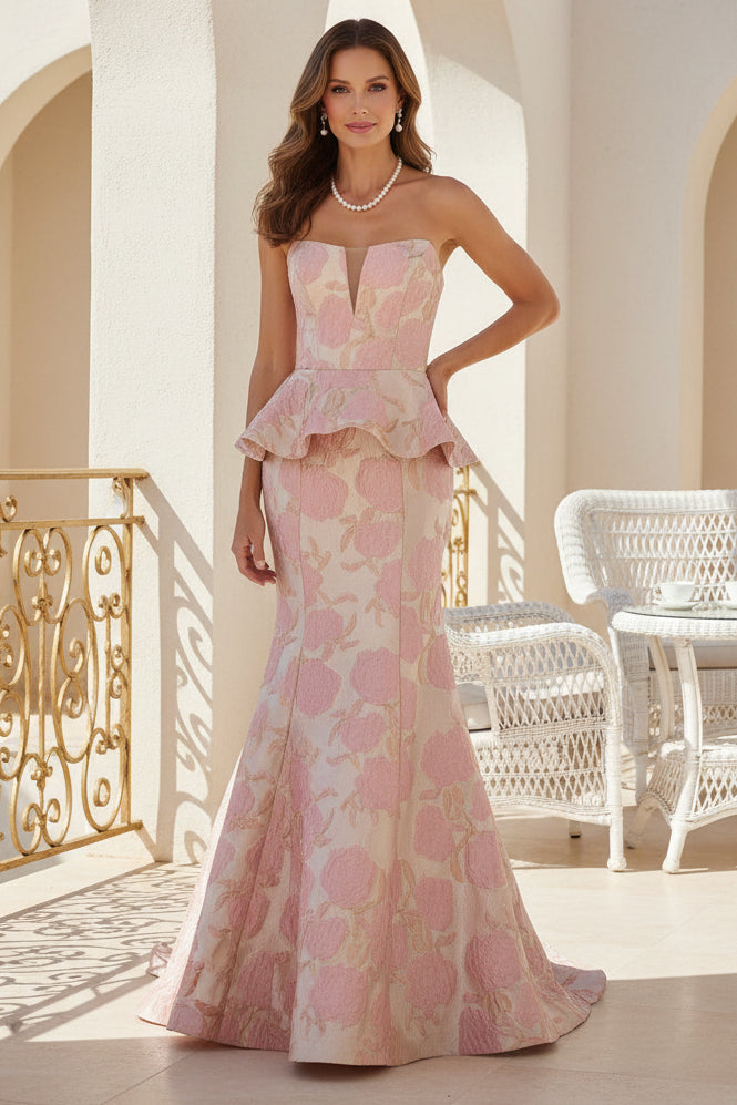 Strapless Peplum Jacquard Mermaid Gown