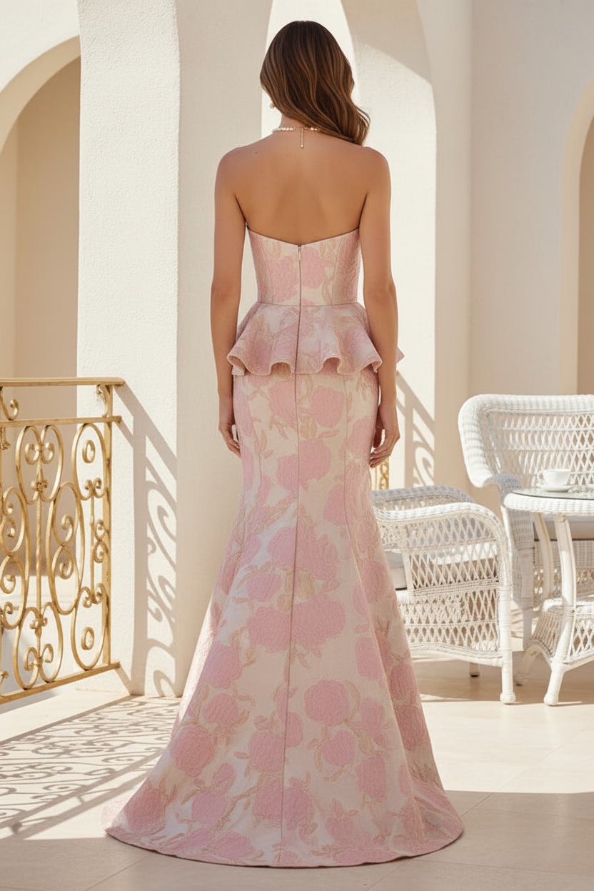 Strapless Peplum Jacquard Mermaid Gown