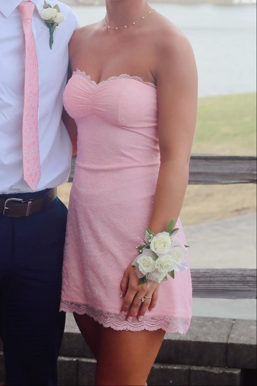Strapless Scalloped-Lace Mini Dress with Open-Back Bow