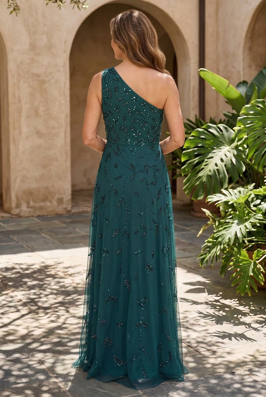 One-Shoulder Beaded A-Line Formal Gown
