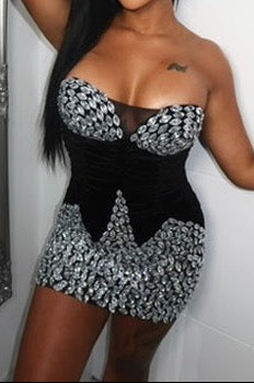 Strapless Crystal Embellished Velvet Mini Dress