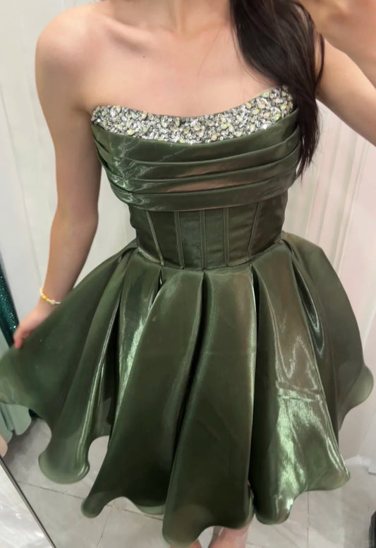 Strapless Beaded Corset Mini Dress with Pleated Skirt