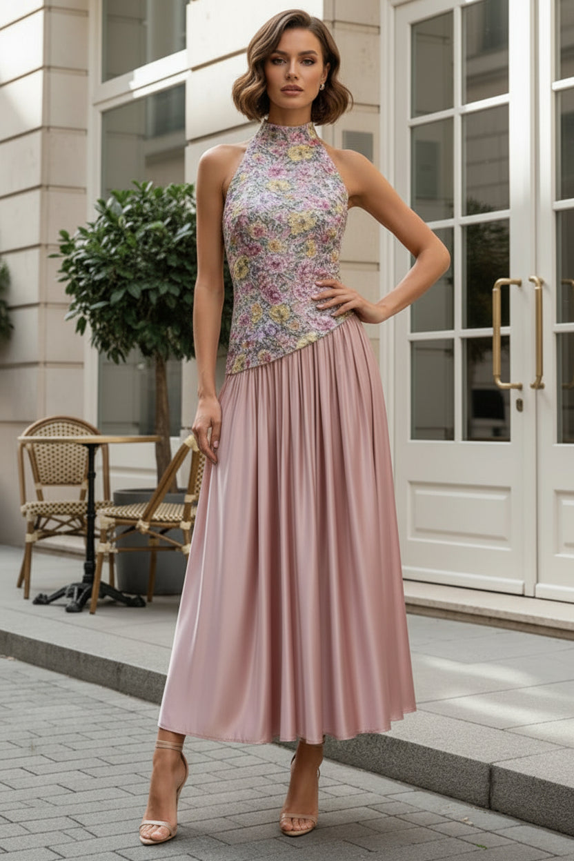Floral Lace Halter Top & Satin Pleated Midi Dress