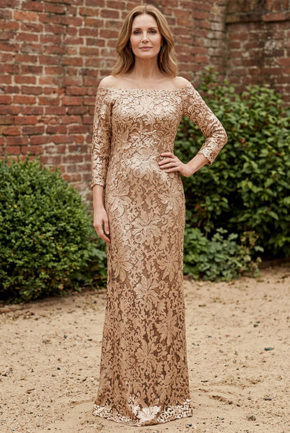 Off-the-Shoulder Floral Lace Evening Gown