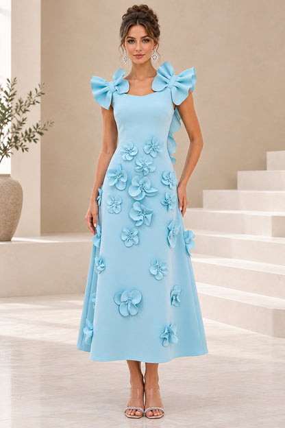 3D Floral Applique Midi Dress with Ruffle Bow Accents