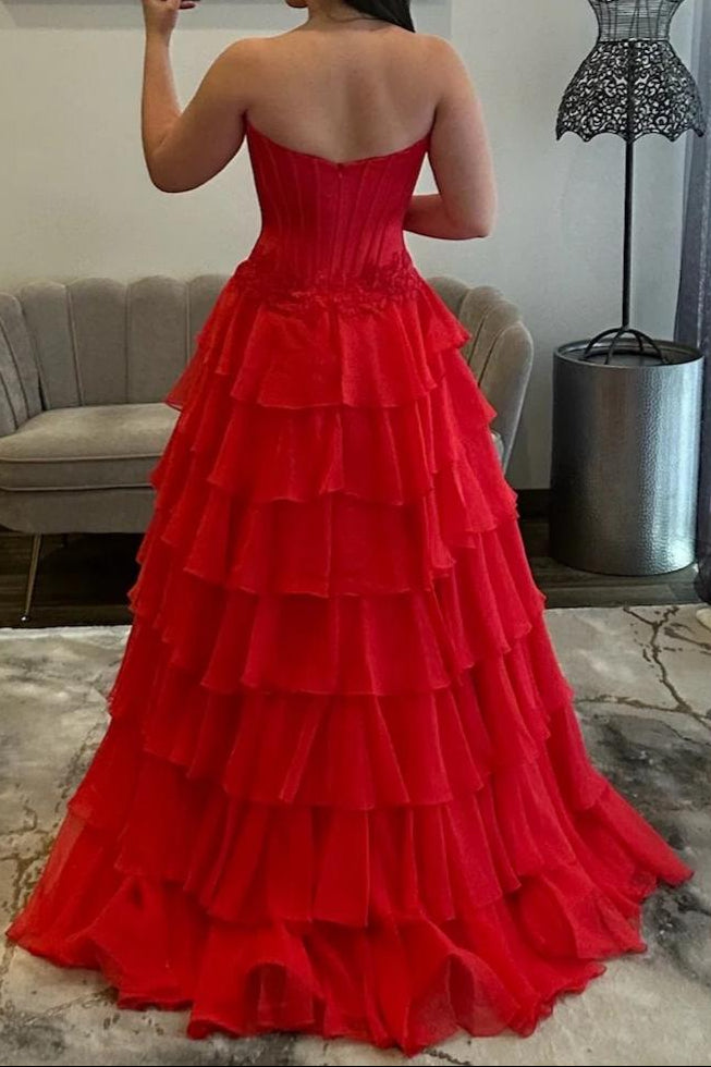 Strapless Tiered Gown with Corset Bodice and Slit