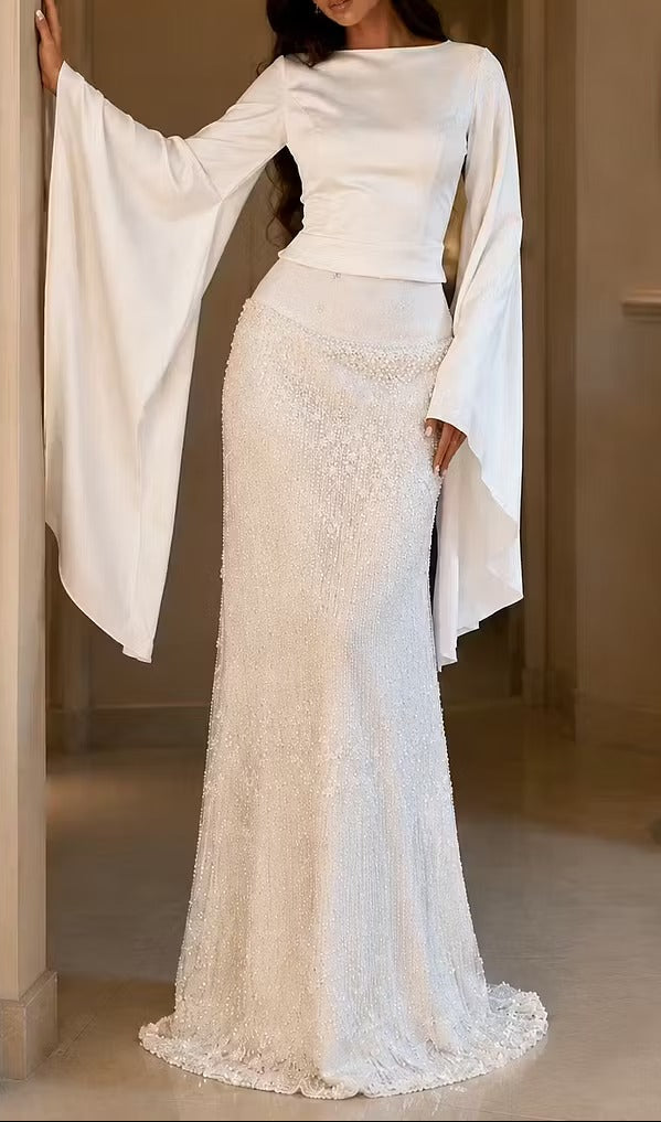 Bateau Neck Bell Sleeve Gown with Beaded Skirt
