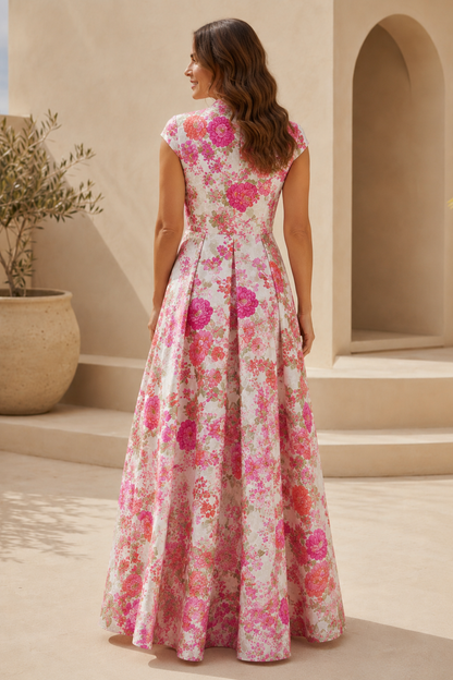 Floral Pleated A-Line Maxi Dress with Cap Sleeves