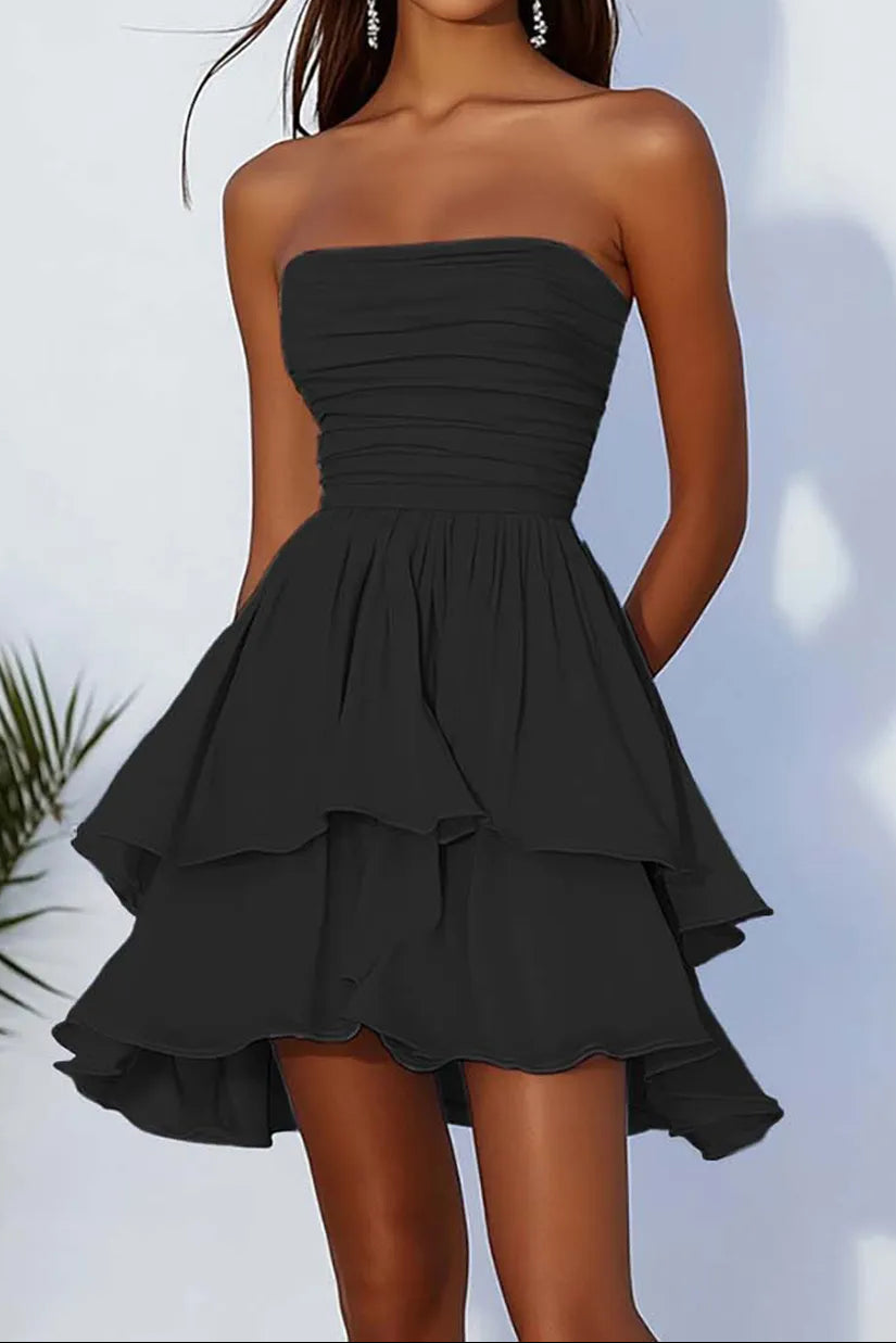 Strapless Ruched Tiered Ruffle Mini Dress