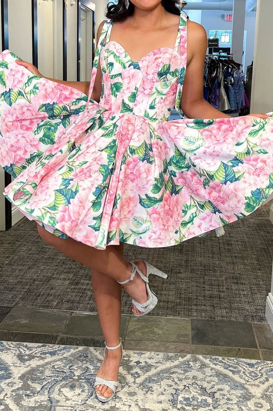 Floral Sweetheart Corset Mini Dress with Tie Straps