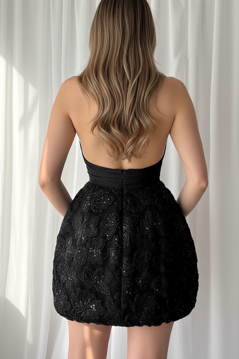 Halter Cut-Out Floral Applique Bubble Mini Dress