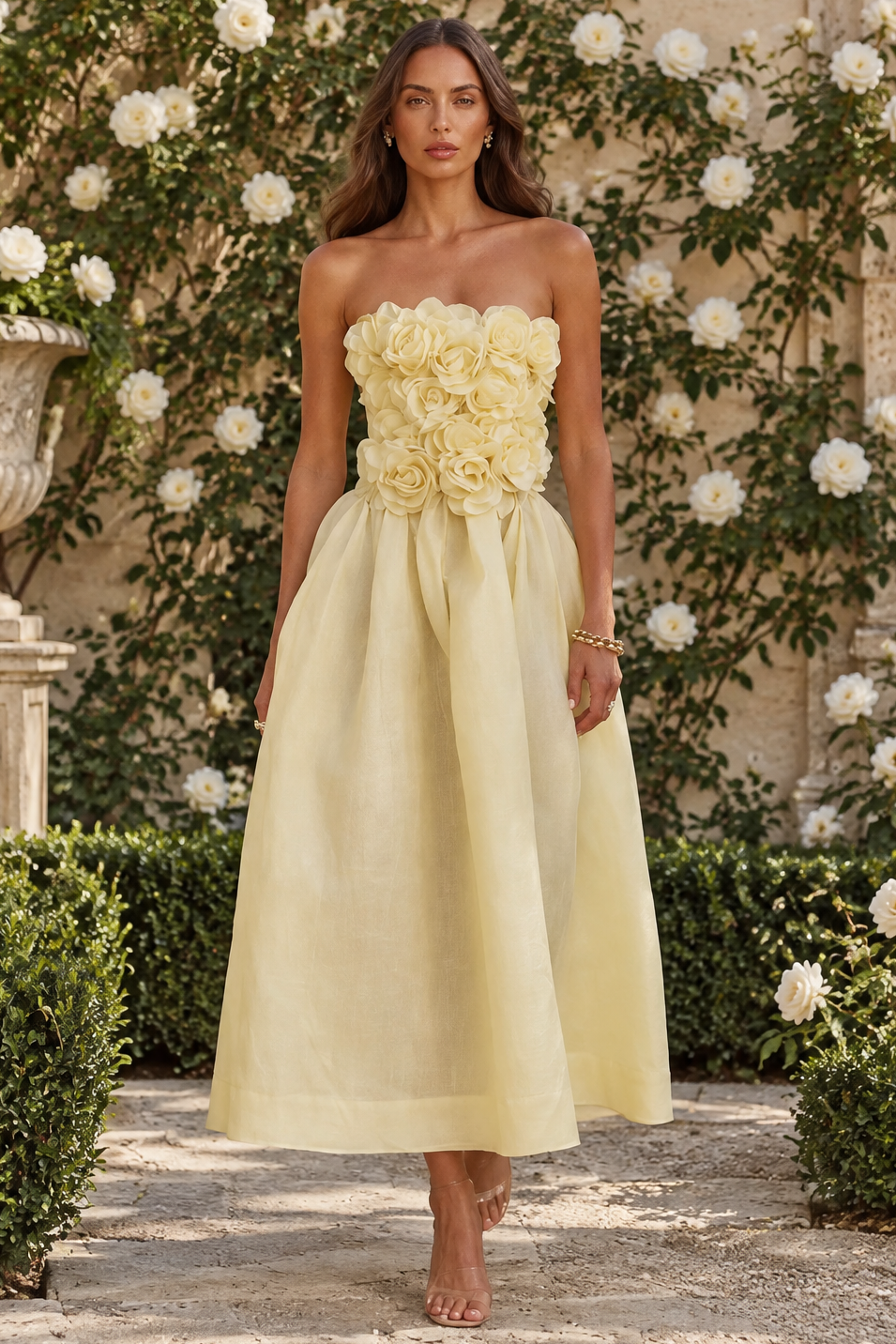 Strapless Floral Applique A-Line Midi Dress