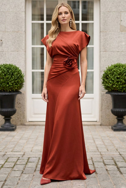 Draped Cap Sleeve Gown with Floral Waist Detail