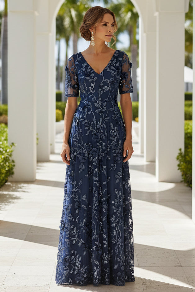 A-Line 3D Floral Embroidered Evening Gown