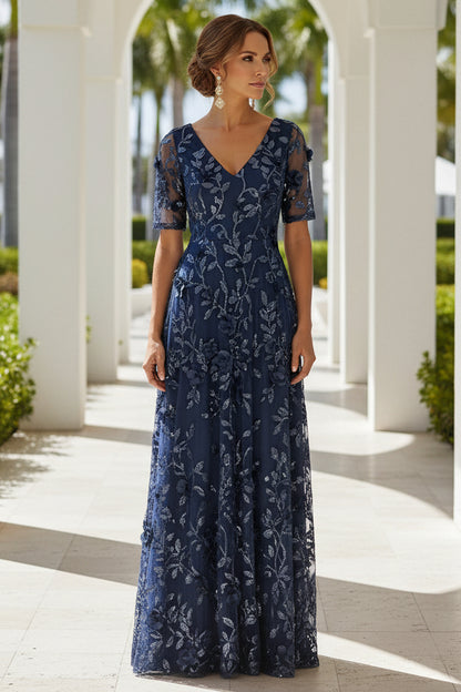 A-Line 3D Floral Embroidered Evening Gown
