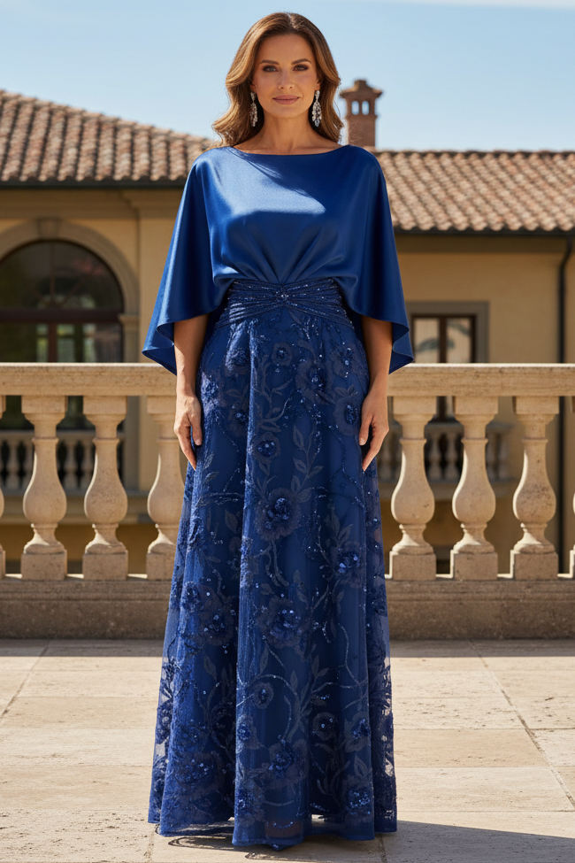 Cape Bodice Sequin Floral Evening Maxi Dress
