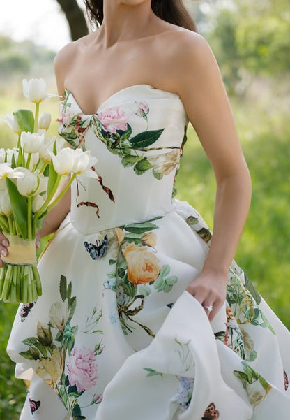 Floral Strapless Ball Gown with Draped Skirt