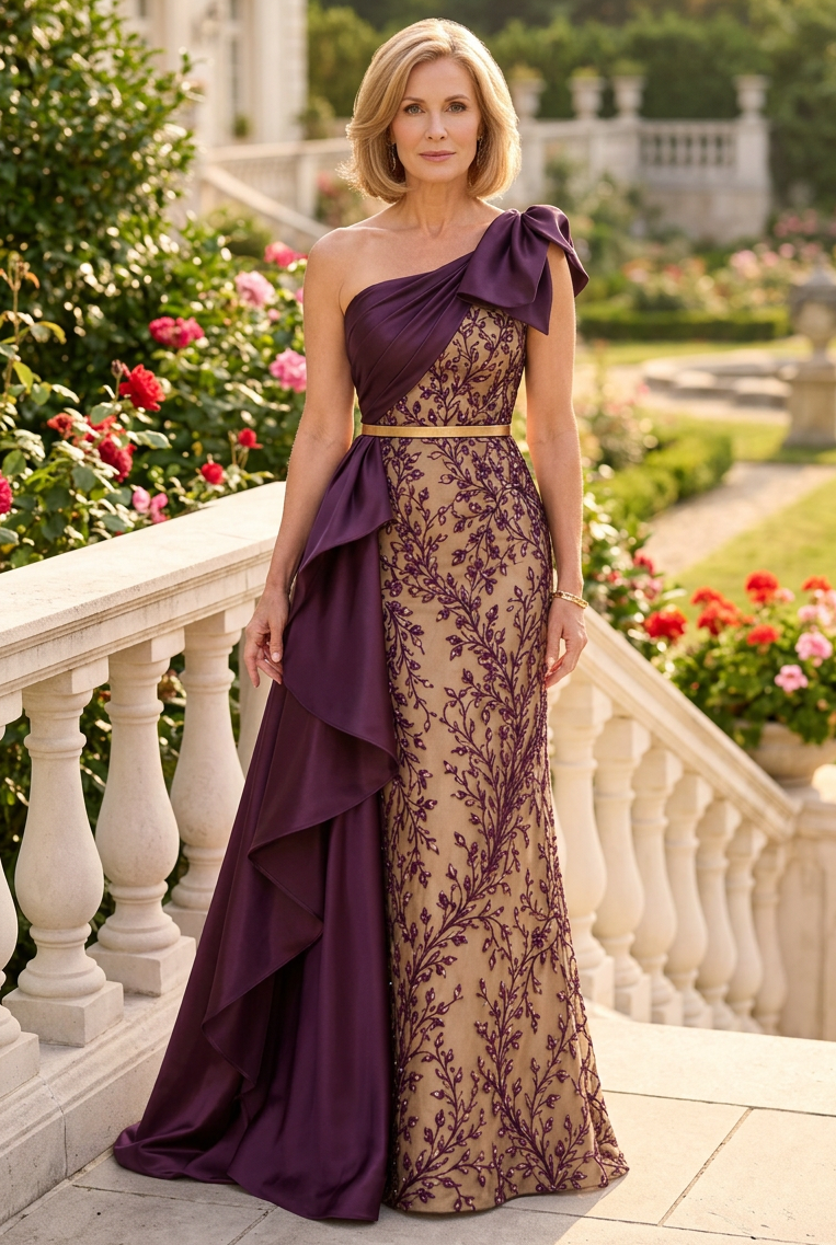 One-Shoulder Column Gown with Draped Overskirt