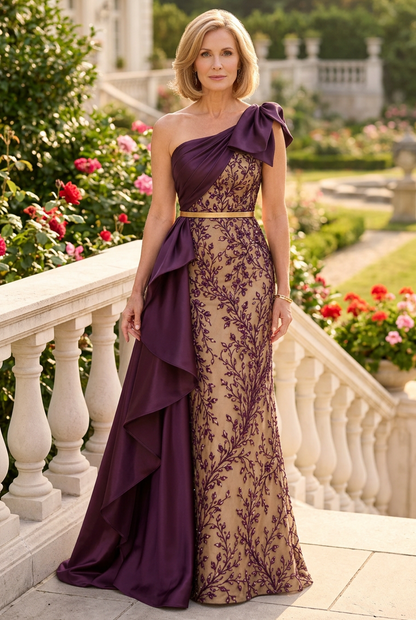 One-Shoulder Column Gown with Draped Overskirt