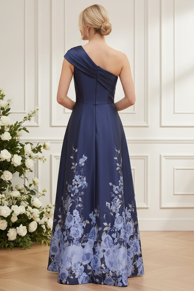 One-Shoulder Floral Print A-Line Evening Gown