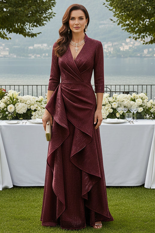 Shimmer 3/4 Sleeve A-Line Gown with Cascading Drape