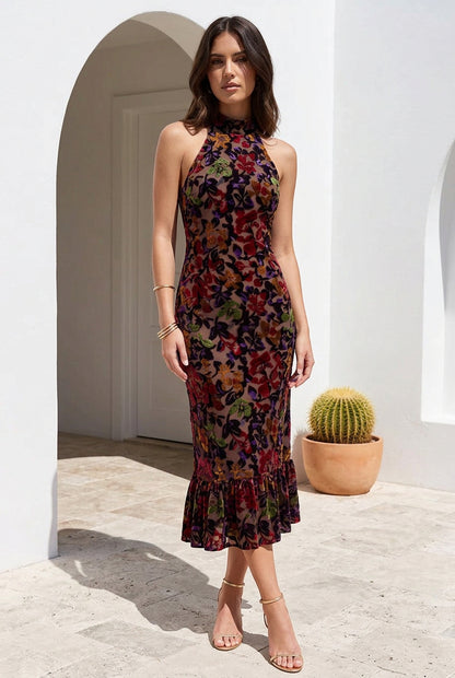 Halter Floral Burnout Velvet Midi Dress
